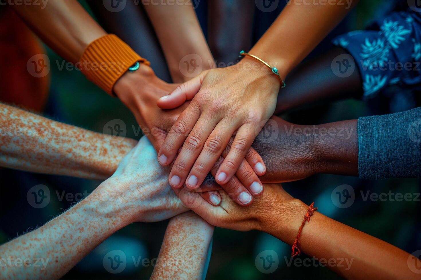 AI generated Diverse group of individuals joining hands in solidarity, reaffirming their commitment to combating systemic racism and injustice on the anniversary of the abolition of slavery photo