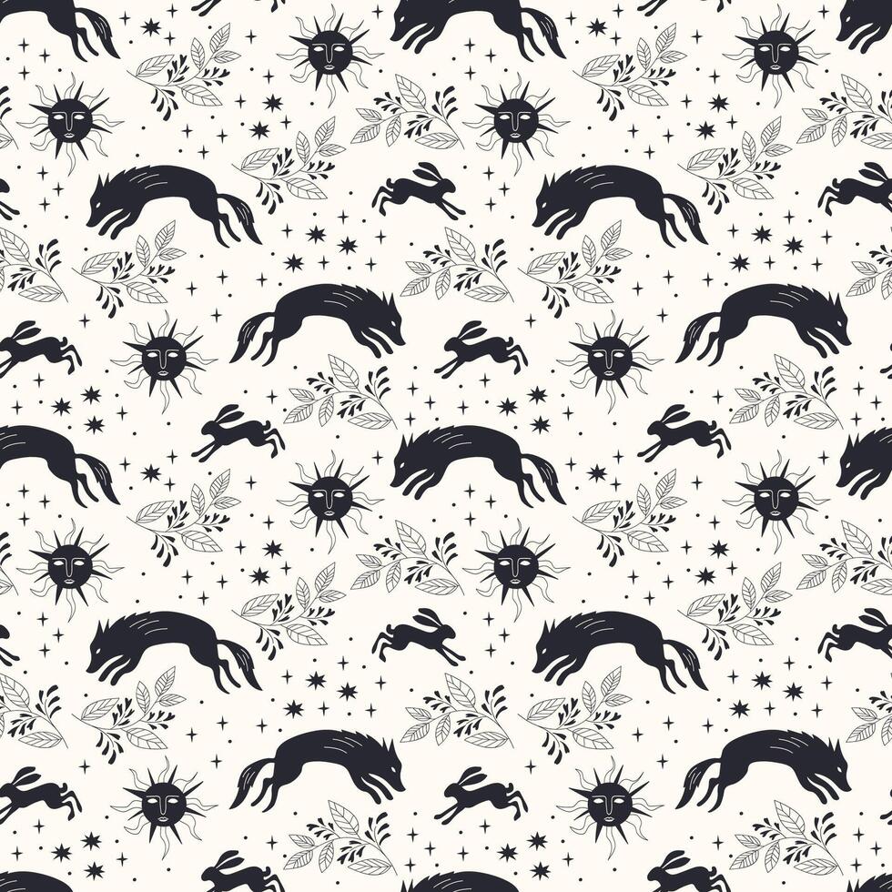 Wolf and hare, mystical illustration, boho style. seamless pattern. Vector illustration