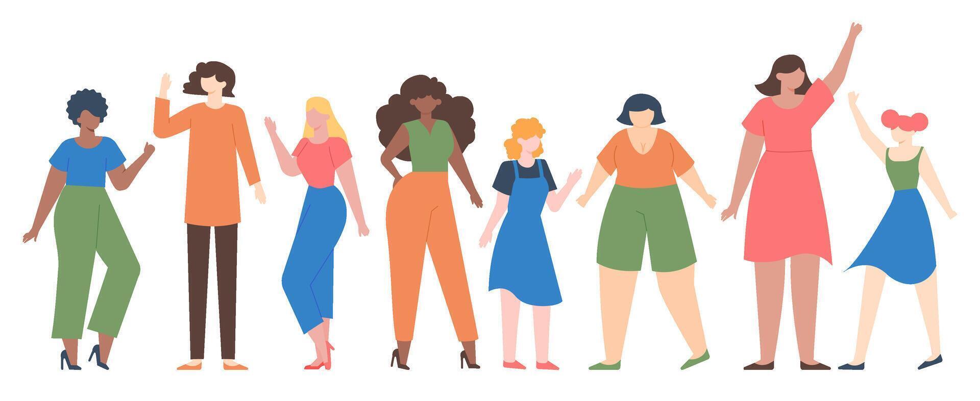 mujer diverso. hembra grupo empoderamiento, muchachas equipo con diferente Talla y piel color, diversía hermandad comunidad vector ilustración conjunto
