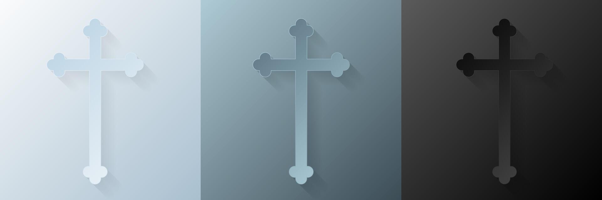 Papercut Christian cross. 3D Papercraft religious crucifix icon for posters and flyers, presentation, web, social media, design, banner, stickers, obituary, death notice or card of condolence. vector