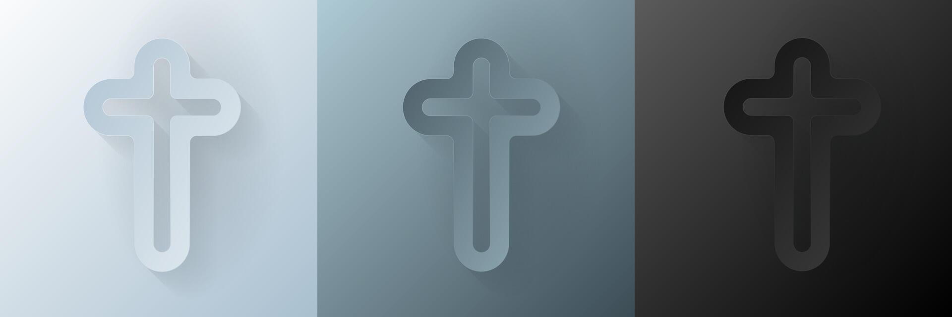 Papercut Christian cross. 3D Papercraft religious crucifix icon for posters and flyers, presentation, web, social media, design, banner, stickers, obituary, death notice or card of condolence. vector