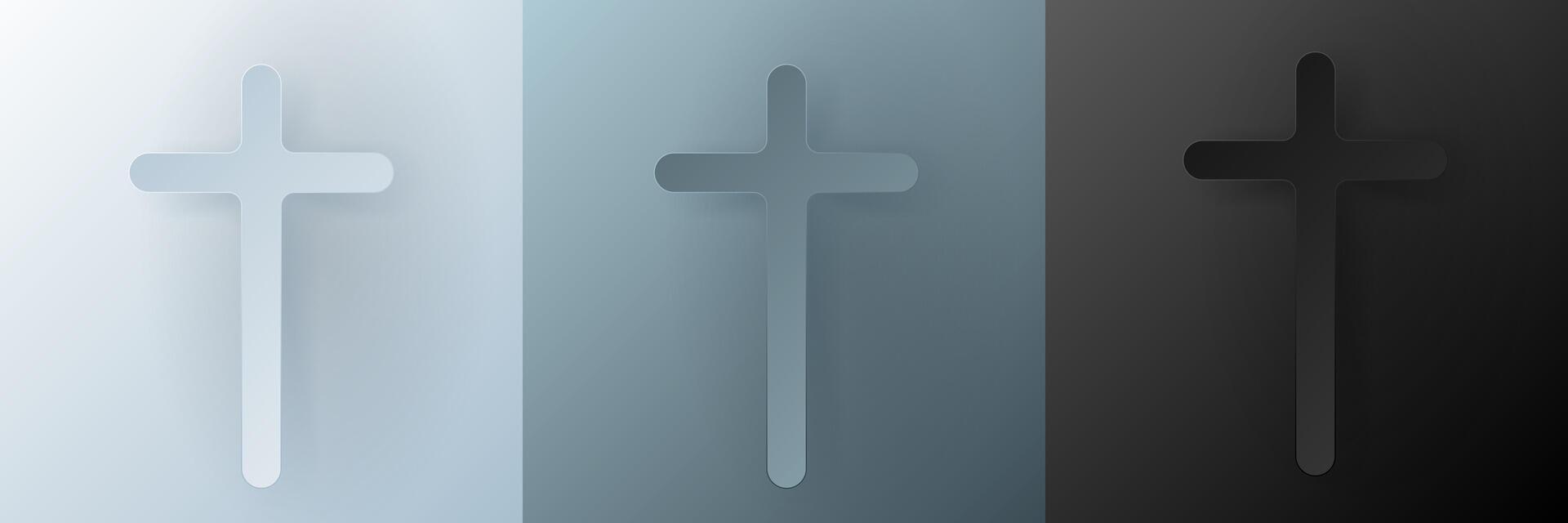 Papercut Christian cross. 3D Papercraft religious crucifix icon for posters and flyers, presentation, web, social media, design, banner, stickers, obituary, death notice or card of condolence. vector