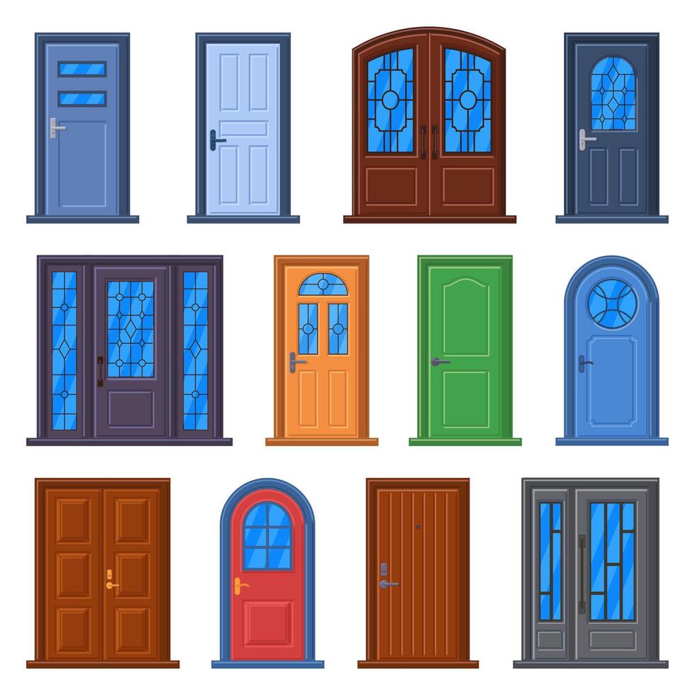 Modern doors. Front entrance doors, house, building or room doorway, closed building exterior and interior doors vector illustration set