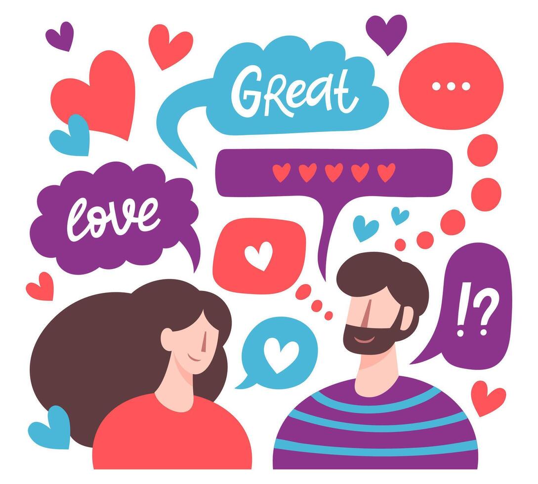 chateando Pareja. masculino y hembra romántico en línea tener una cita, amor mensajes, linda chateando amantes caracteres. virtual relaciones vector ilustración