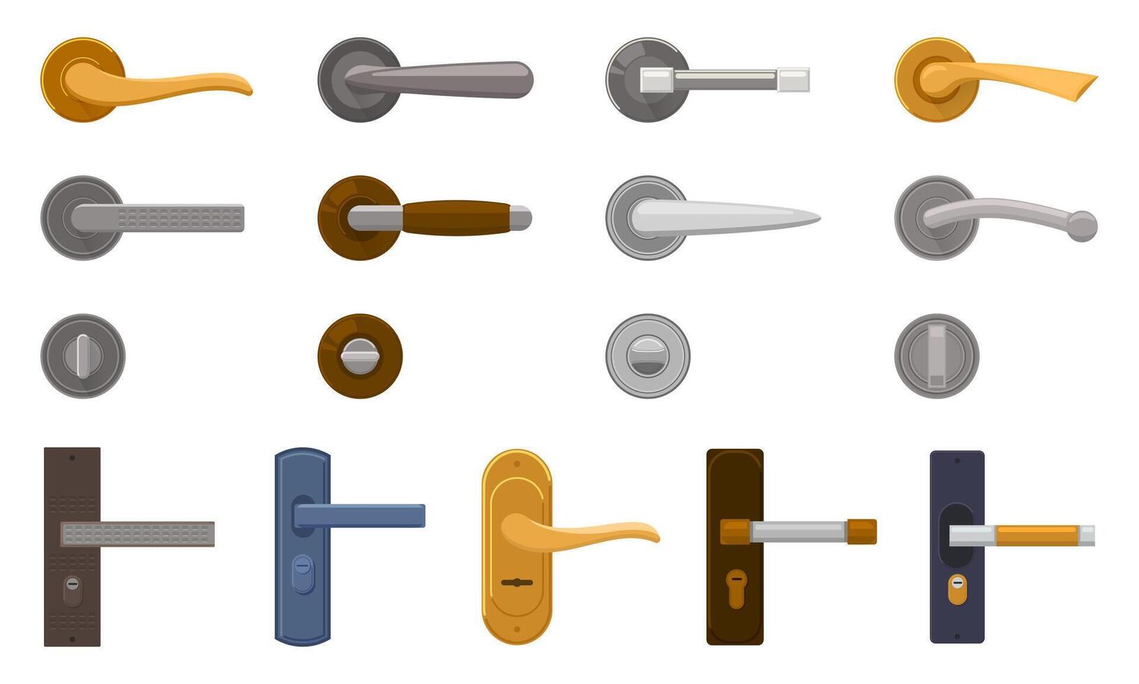 Door handle. Metal entrance door-knob, home lock knobs, modern house interior elements. Entrance door knobs isolated vector illustration set