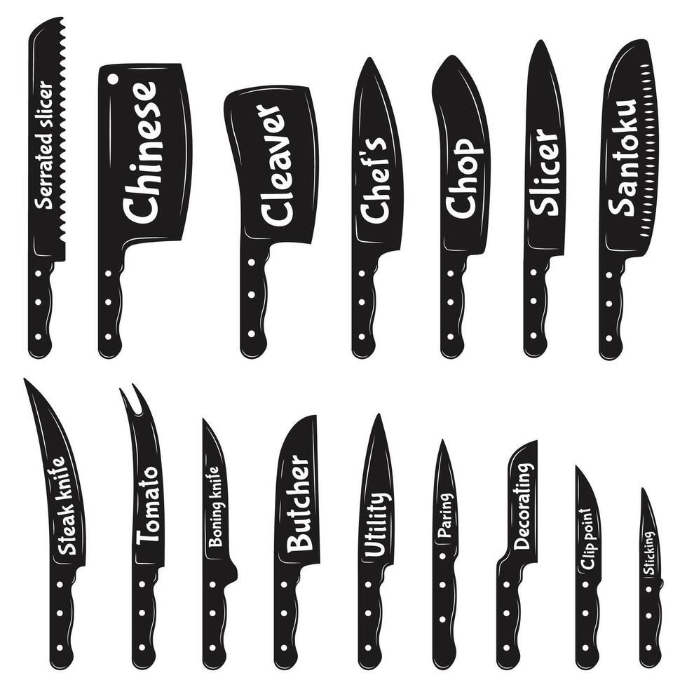 Chef steel knife. Kitchen meat cut knives, boning, cleaver, butcher, filleting, meat knives silhouettes. Butcher shop tools vector illustrations