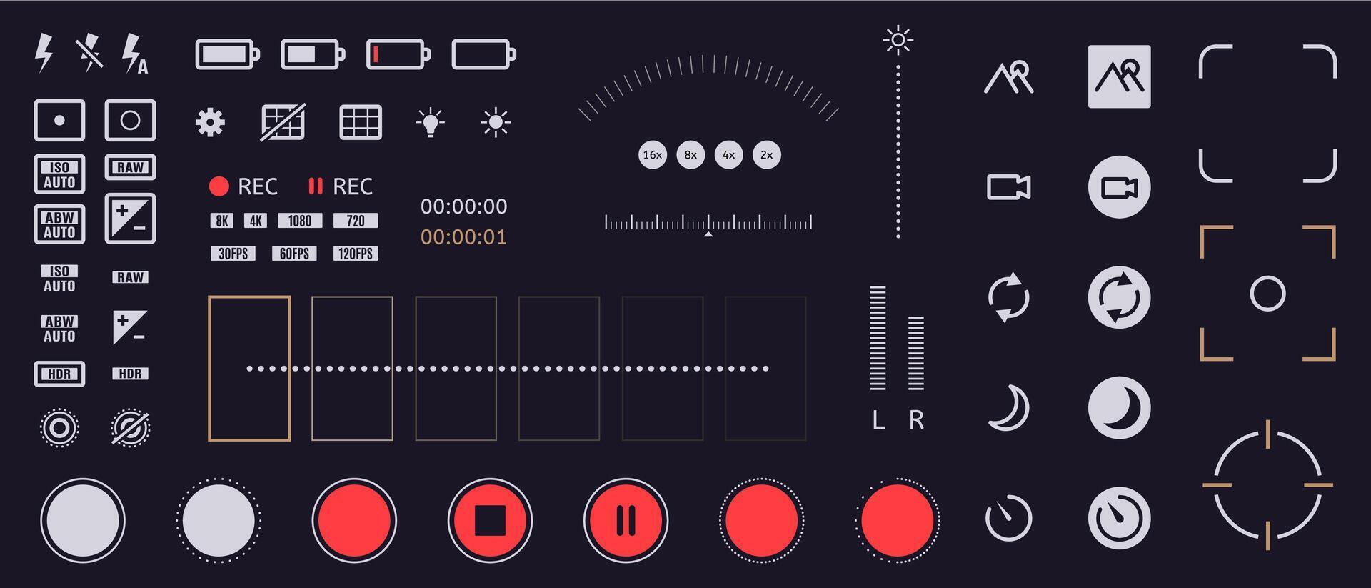 Smartphone camera icons. Mobile phone viewfinder interface elements, flash, quality, rec time, and battery ui icons. Phone camera vector symbols