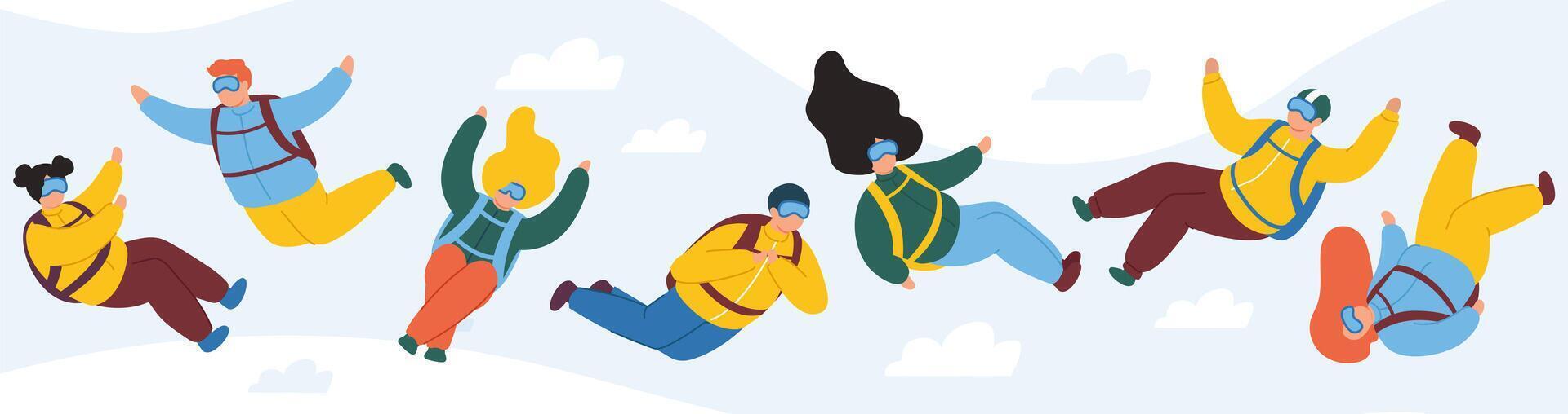 Free fall characters. Extreme parachute skydivers, free fall male and female parachutists. Parachute extreme free fall vector illustration set