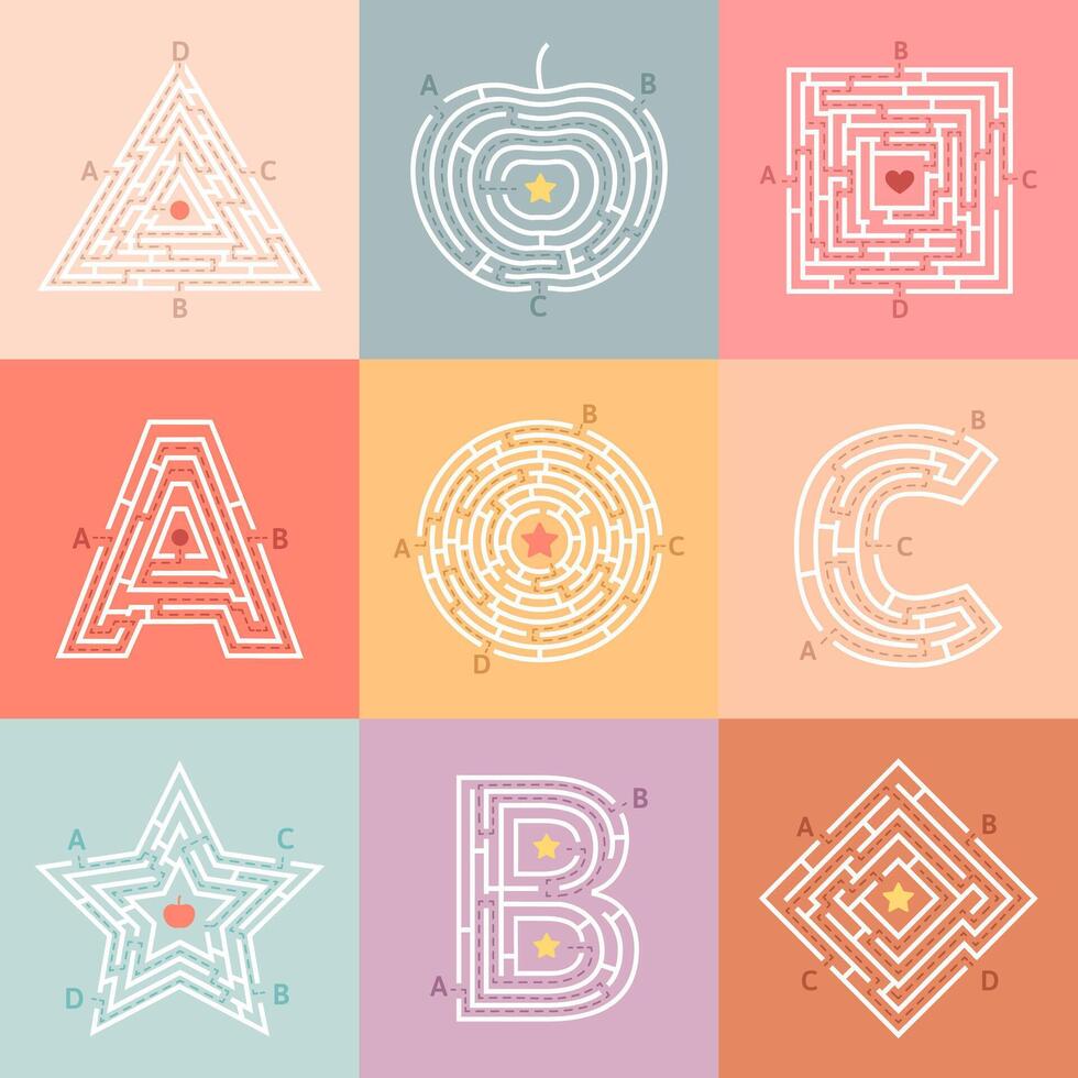 Maze way. Labyrinth conundrum for children, entry and exit quest, kids maze rebus. Abstract educational game vector illustration set