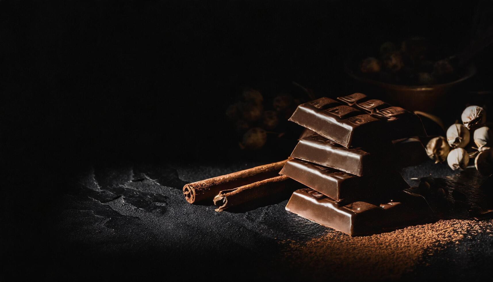AI generated Deliocious chocolate bars on a dark background photo