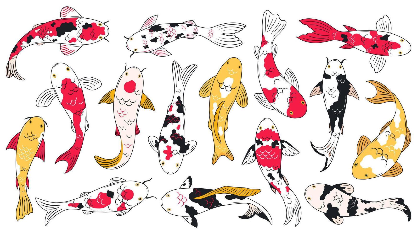 oriental koi pez. koi carpas, asiático ornamental pez, tradicional oriental pesquería. chino flotante koi pescado vector ilustración