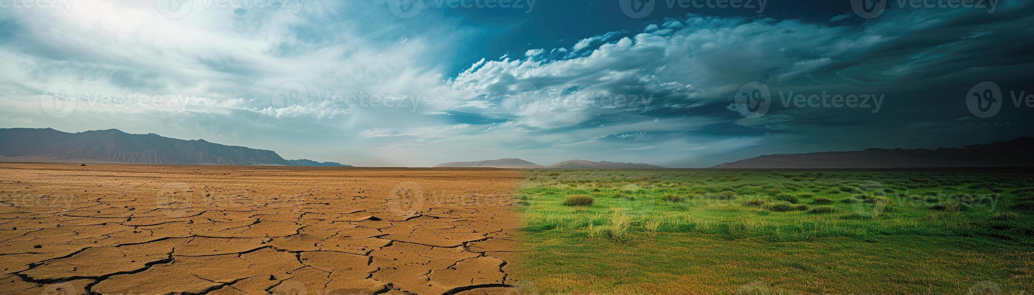 AI generated A stark contrast between a barren desert and vibrant green grass photo