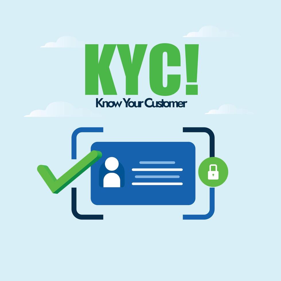 KYC. Know your Customer awareness banner with customer identification symbol, icon with check mark sign in green colour. KYC vector icon and importance banner to ensure customer, client safety.