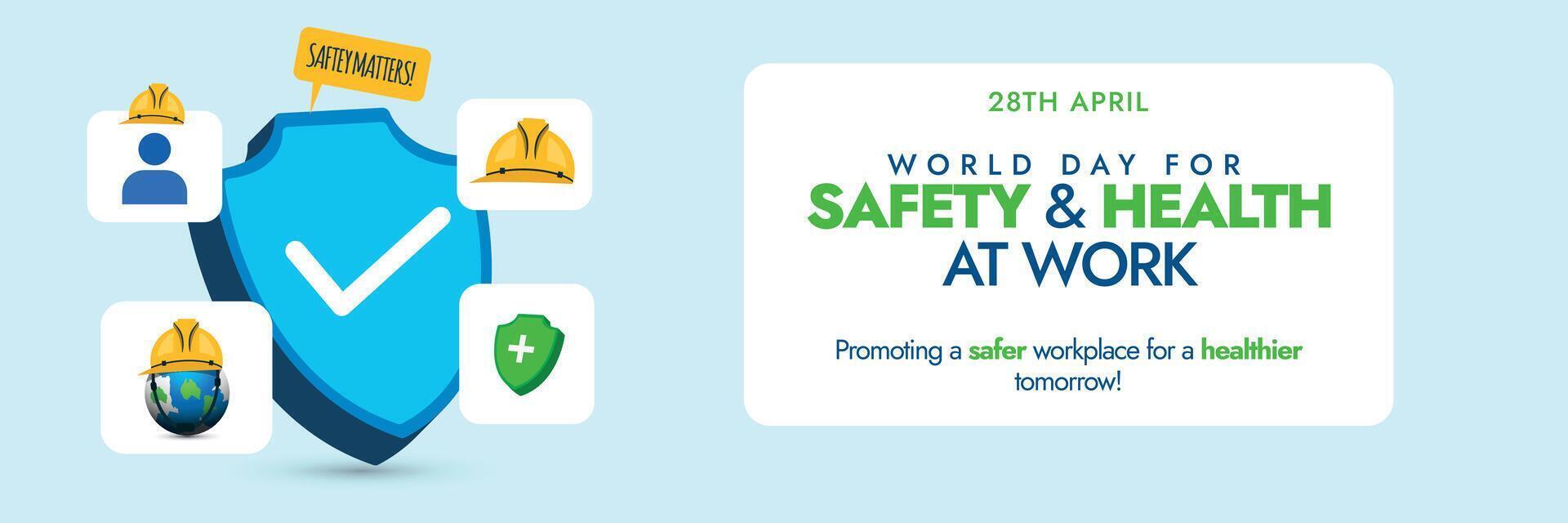 World Day For Safety and Health at Work.28th April World day for safety and health at work cover banner with protection shield and icons around it to promote safety measures for workers safety. vector