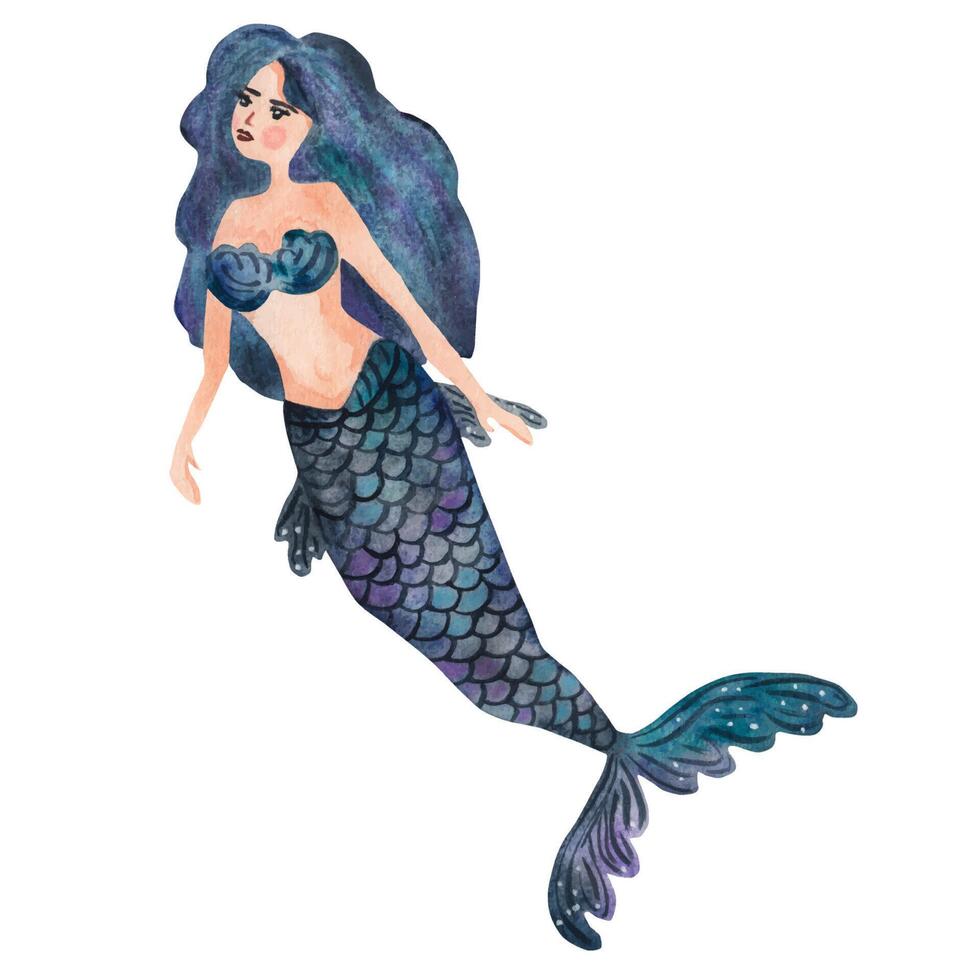 Sweet mermaid. Cartoon style. Watercolor illustration vector