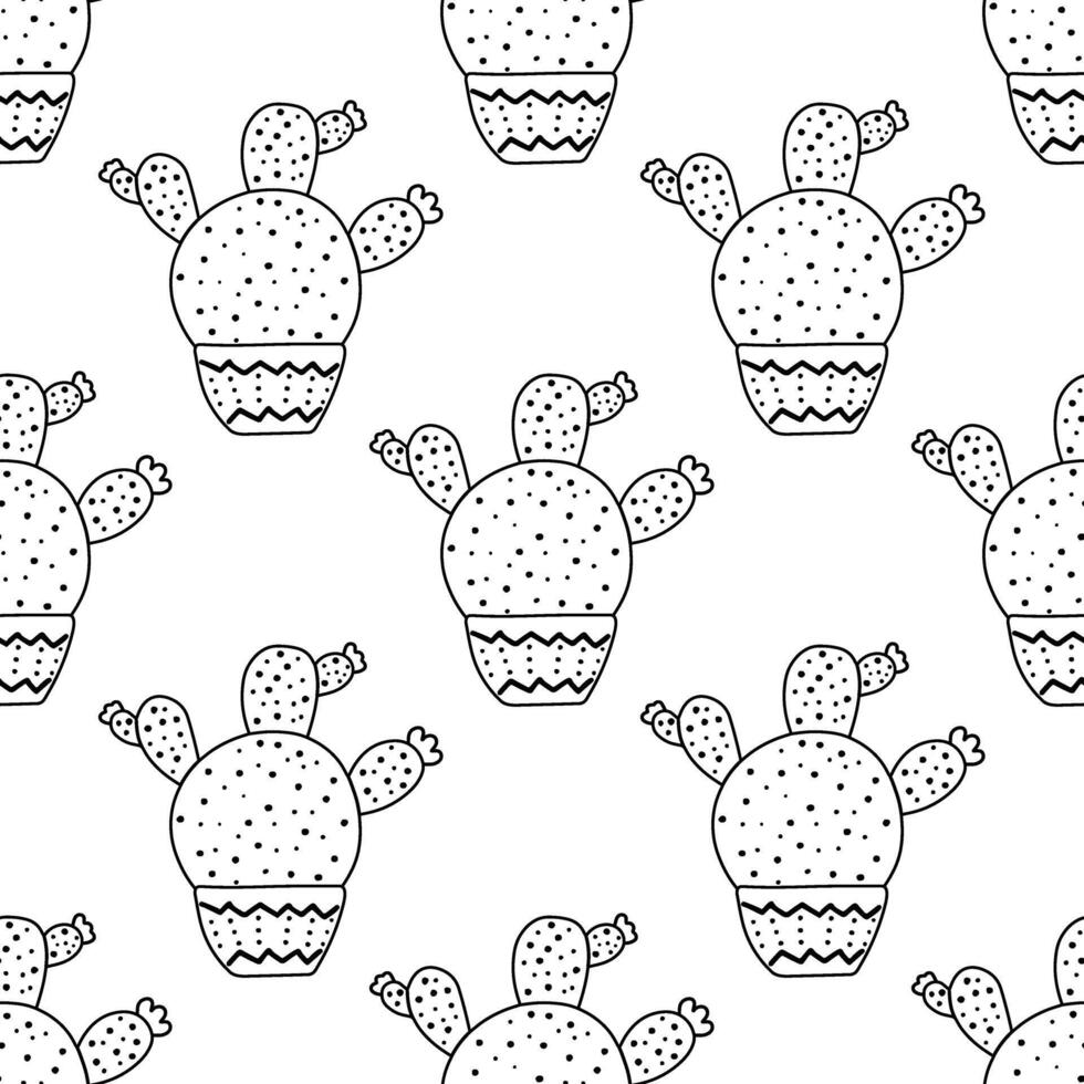 Hand-drawn vector seamless pattern of cactus. Outline doodle style illustration of spiny plant, blooming cactus, succulent plant in ceramic pot. Home plant, mexico cactus flower.