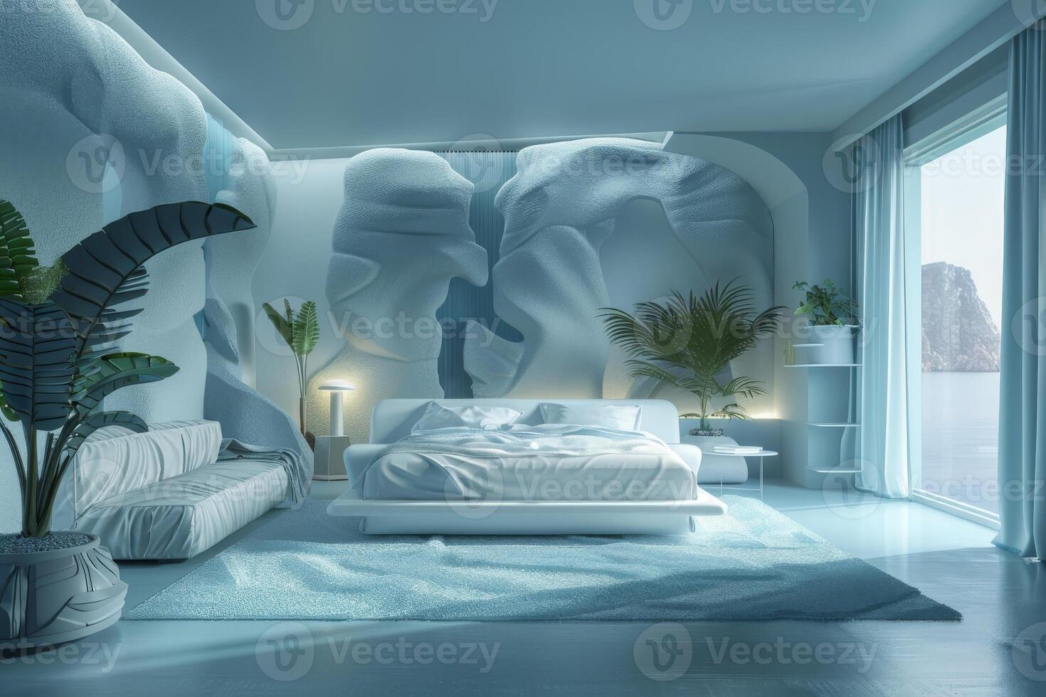 AI generated A futuristic bedroom with nanotechnology-infused bedding photo
