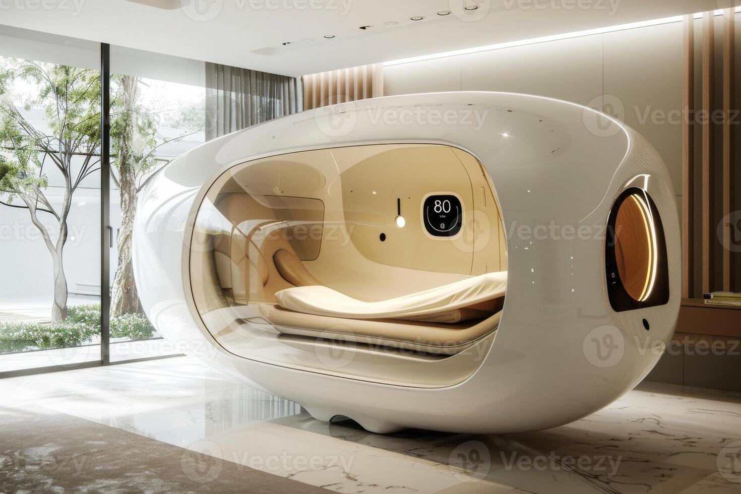 ai generado un futurista dormitorio con gravedad cero dormir vainas foto