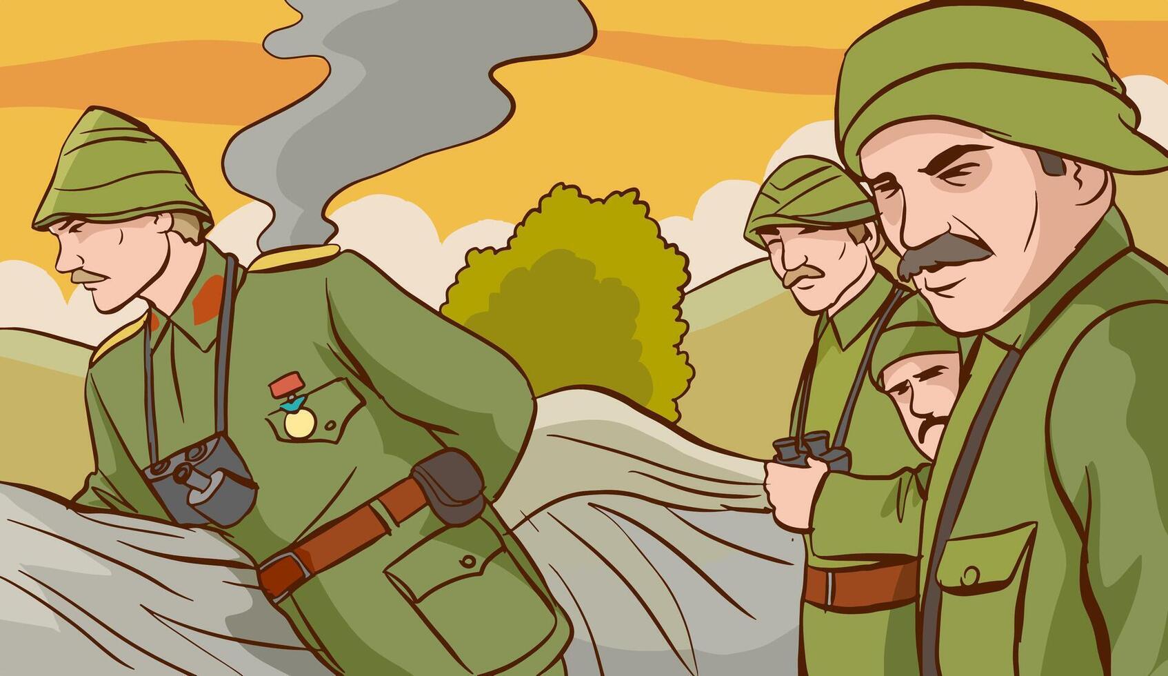 vector illustration of soldiers in the second world war.Drawings of Mustafa Kemal Ataturk in military uniform.turkish liberation war vector illustration