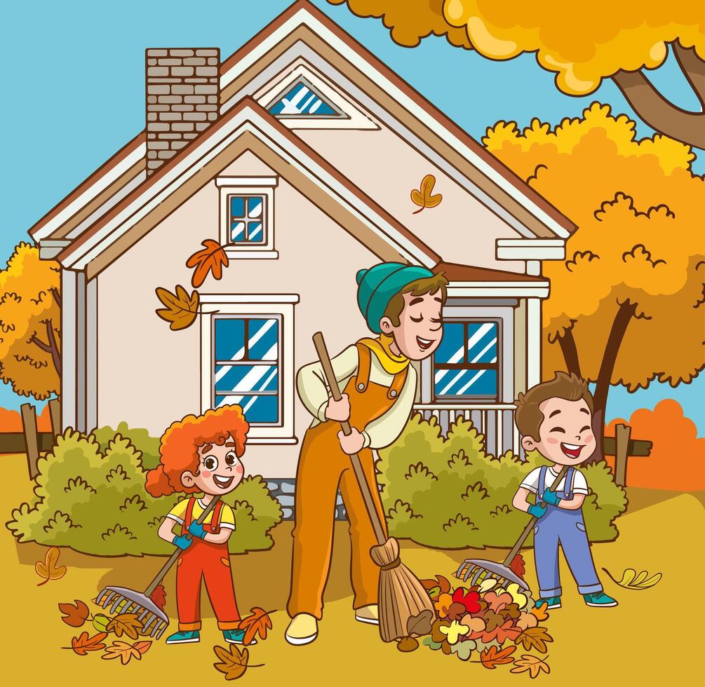 Vector illustration of father and his children sweeping leaves.children helping father with housework.