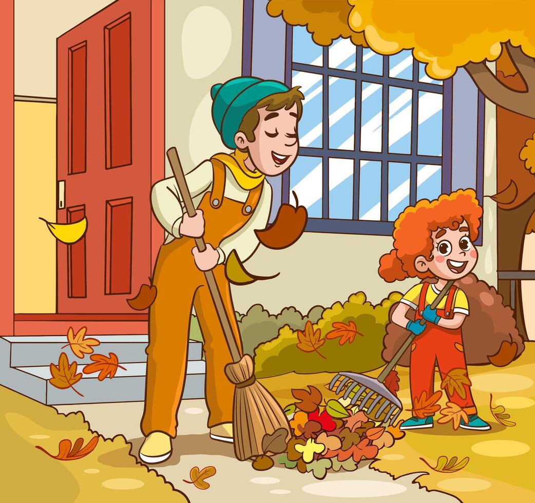 Vector illustration of father and his children sweeping leaves.children helping father with housework.