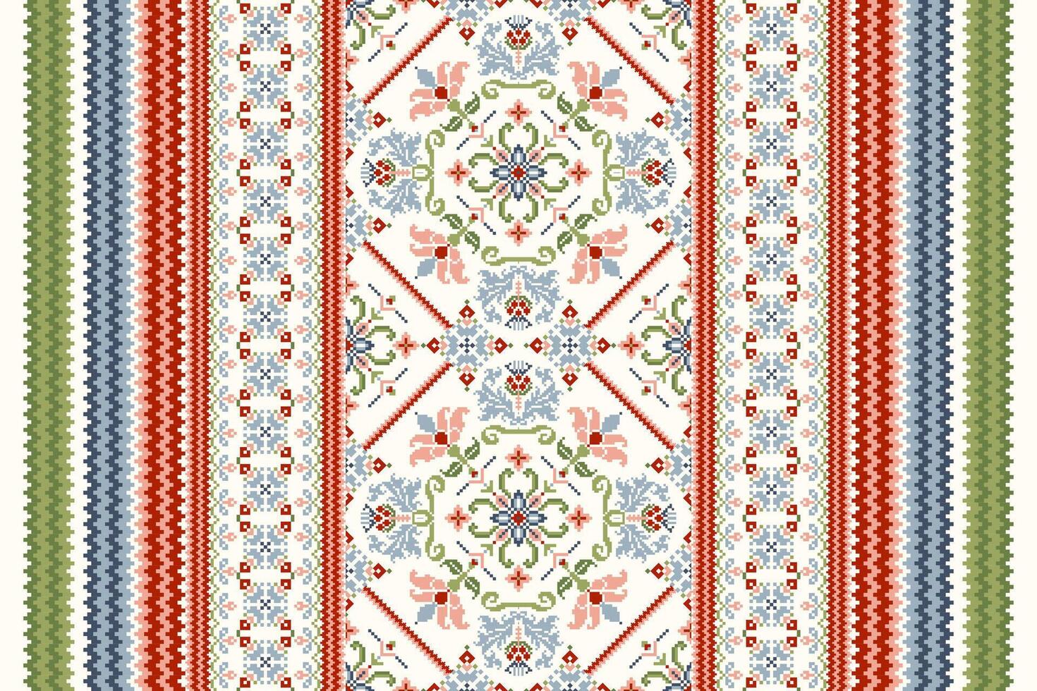 Geometric ethnic oriental pattern vector illustration.floral pixel art embroidery on white background,Aztec style,abstract background.design for texture,fabric,clothing,wrapping,decoration,scarf,print