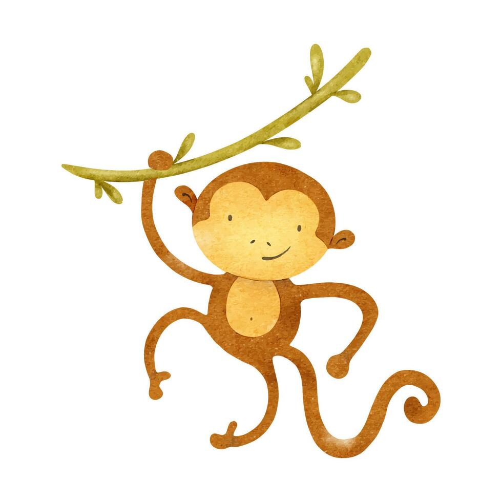 Cute baby monkey hanging on liana. Isolated hand drawn watercolor illustration of marmoset. African animal. Kid's Safari. Macaque fordesign baby shower, cards, posters, kid's goods and rooms vector