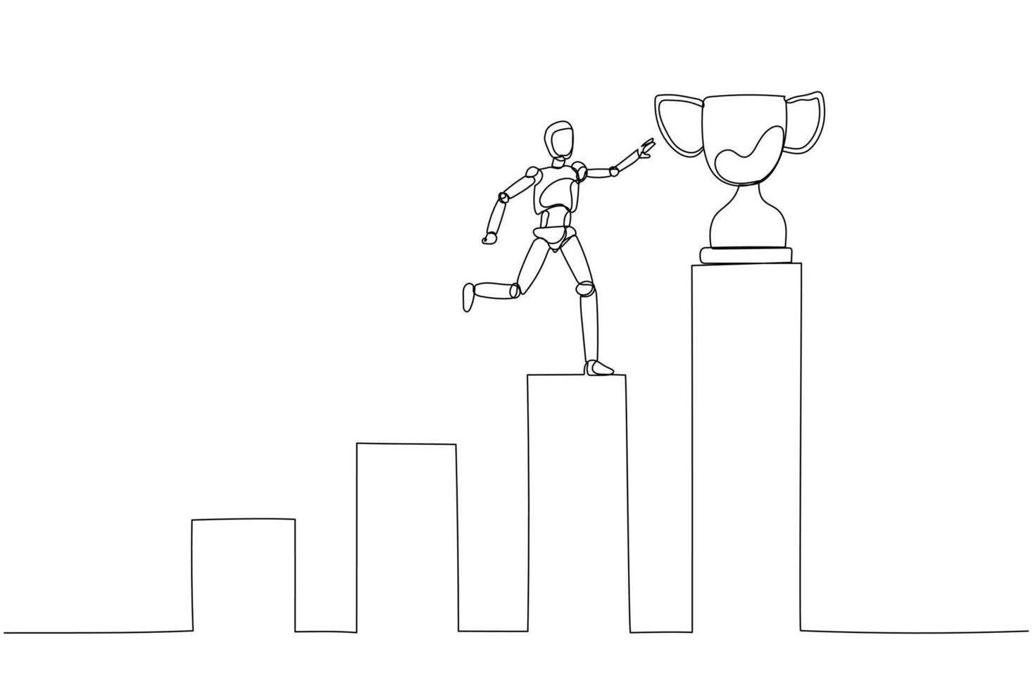 humanoid robot reaching out towards a trophy placed on the highest pedestal among a series of varying heights. This composition symbolizes achievement or victory after overcoming challenges vector