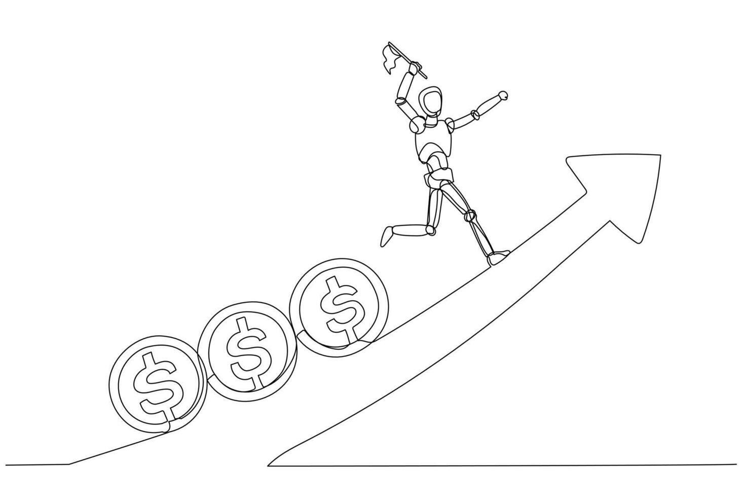Minimalist illustration portrays a robot relentlessly pursued by rolling dollar coins. The scene symbolizes the unceasing quest for wealth in an upward journey. vector