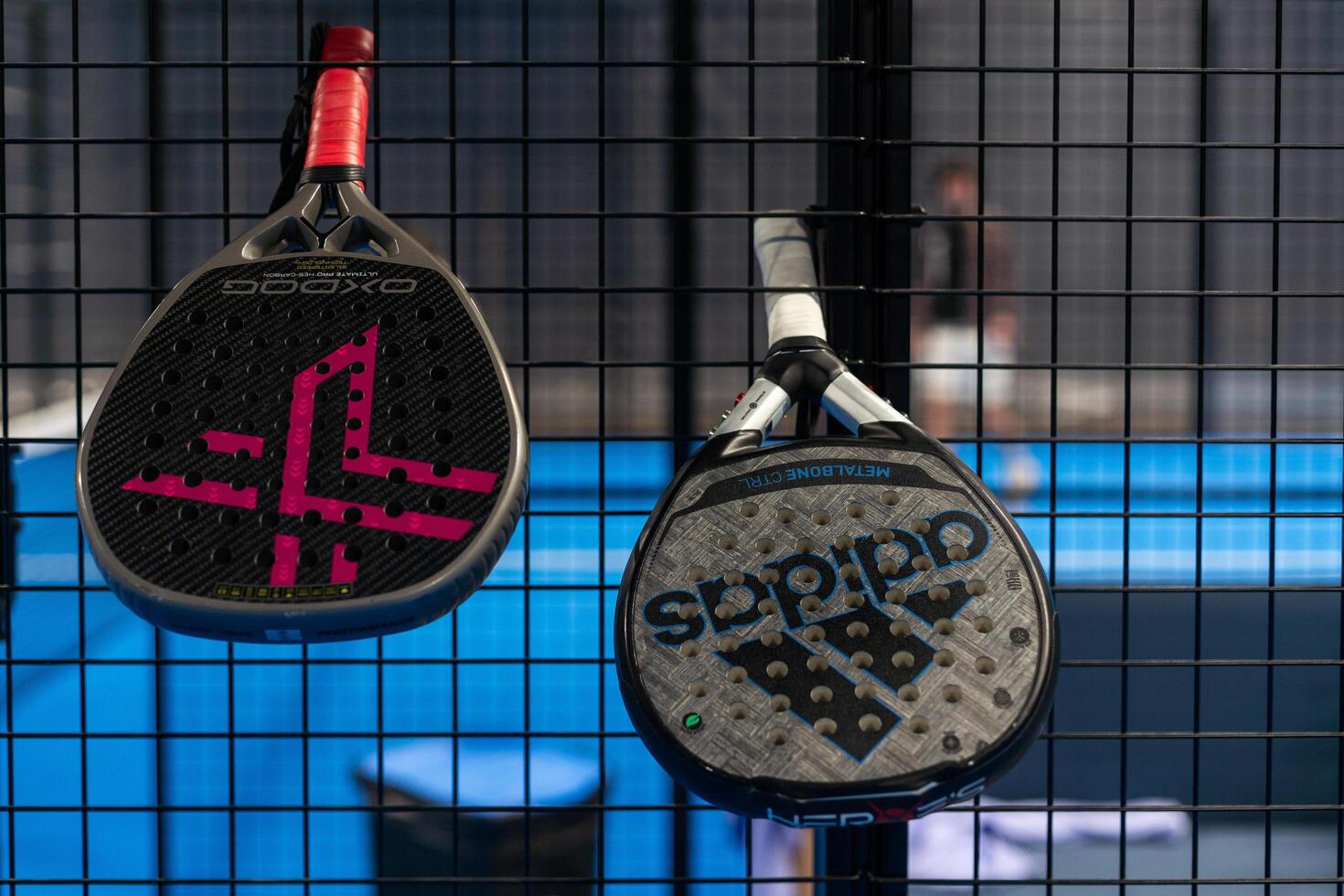 Kyiv, Ukraine. March 22, 2024, Paddle tennis rackets on the court
