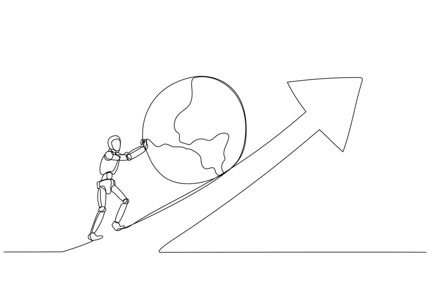 Robot pushes a globe uphill against an arrow, symbolizing global challenges and collective effort for positive outcomes. vector