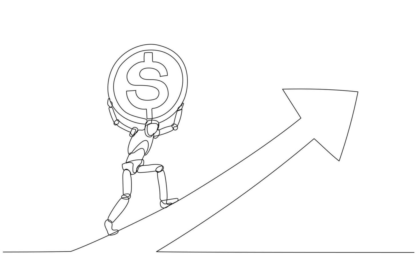 Robot illustration carrying a large coin with a dollar sign, ascending along an upward arrow, symbolizing financial growth or investment in technology. vector