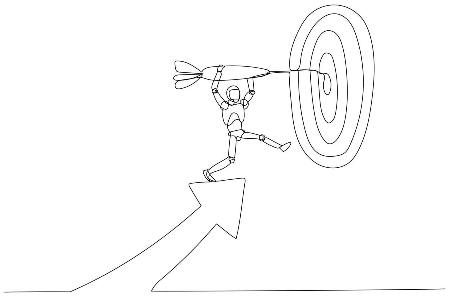 Simple line drawing robot stretch towards the bullseye. Essence of aiming for a goal or target, representation of ambition and achievement vector