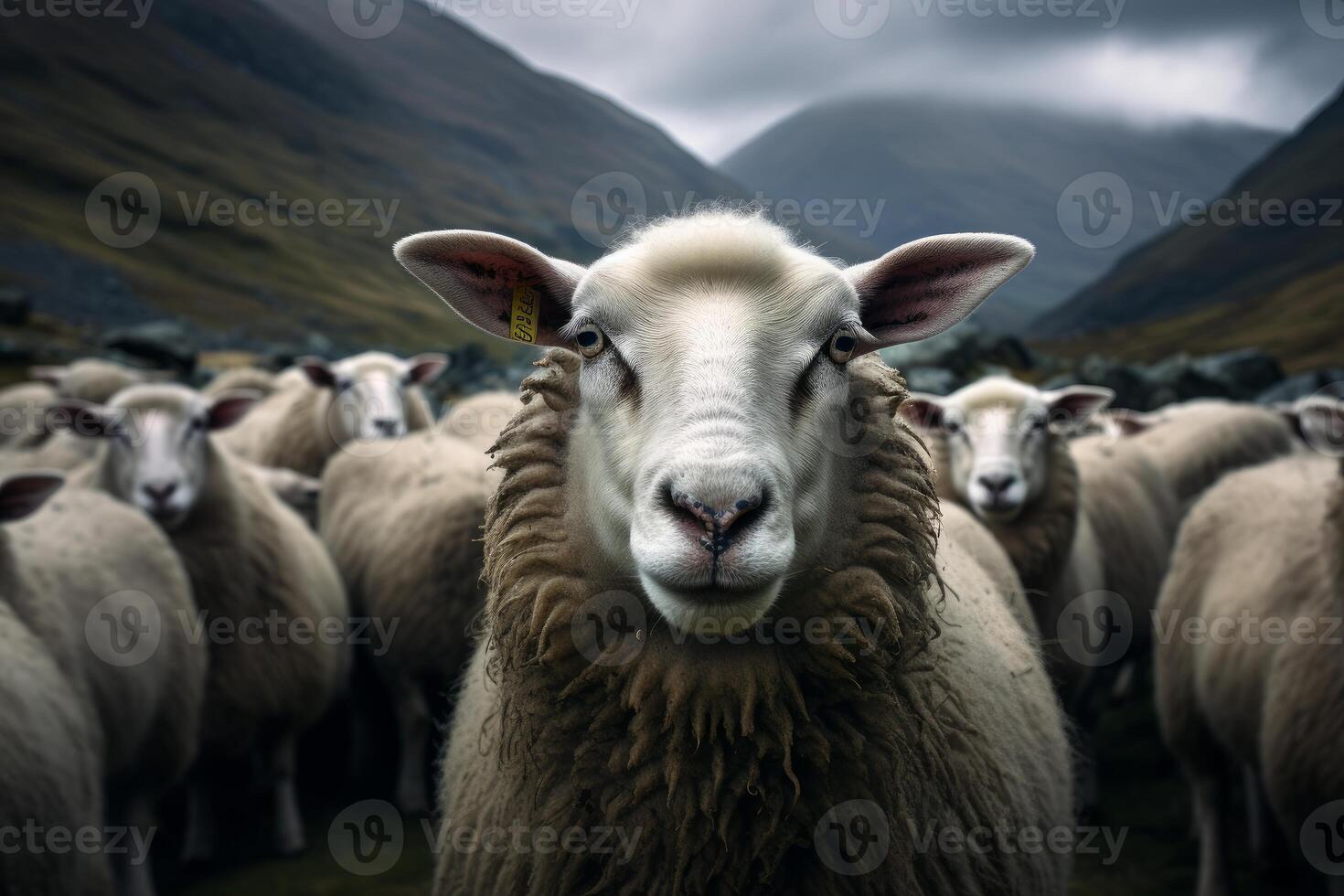 AI generated Woolly Flock sheep staring. Generate Ai photo