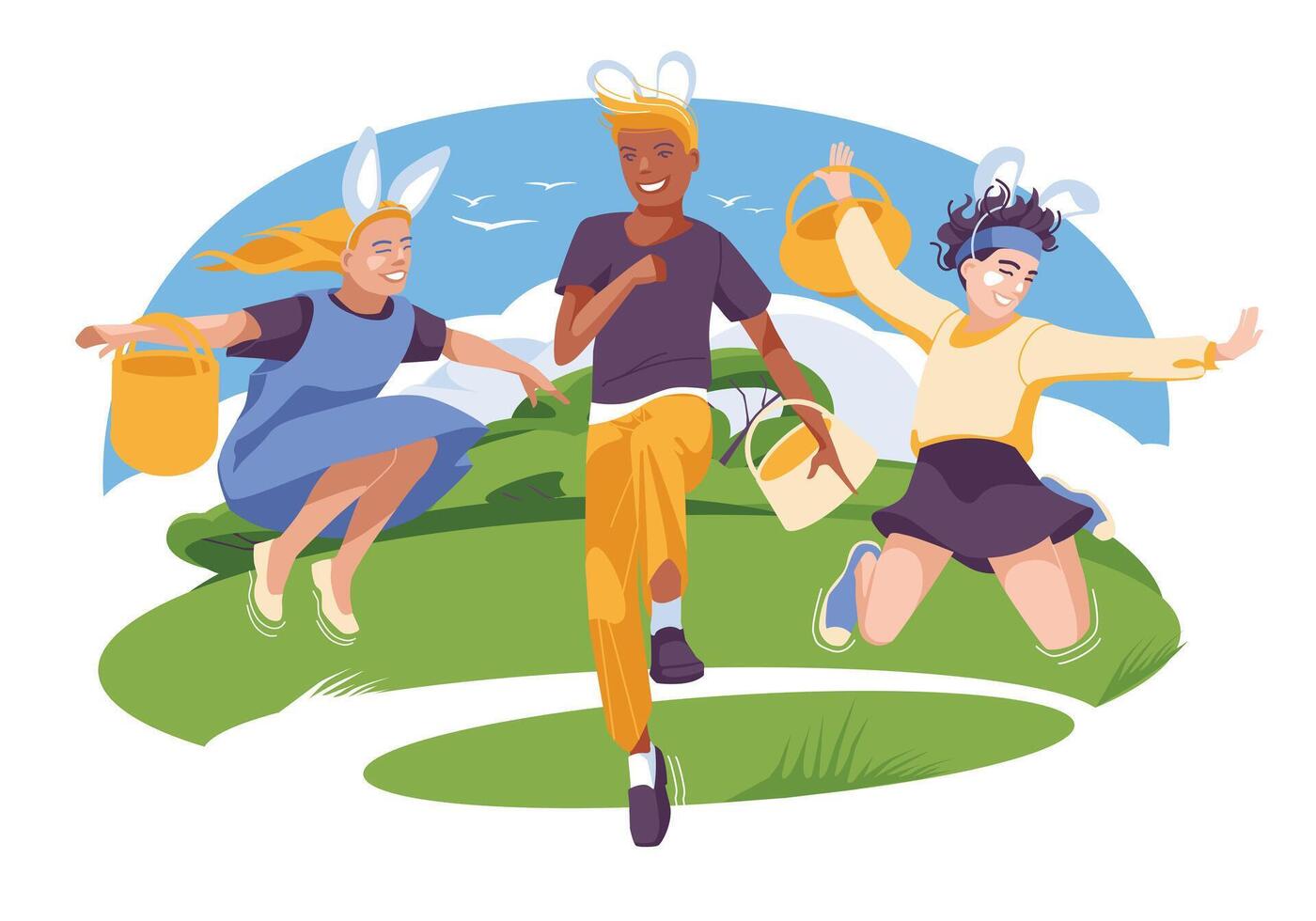 Cheerful Easter children with baskets run and jump on a green lawn. Holiday card. Vector flat illustration