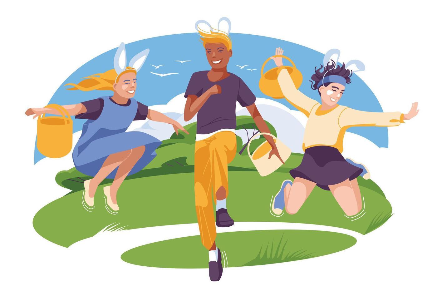 alegre Pascua de Resurrección niños con cestas correr y saltar en un verde césped. fiesta tarjeta. vector plano ilustración