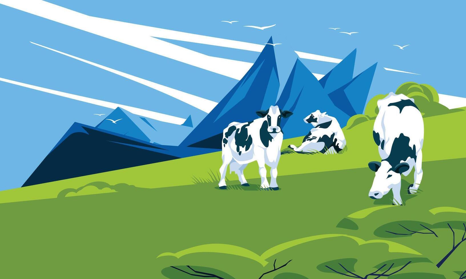 cows graze on a green mountain valley. The concept of dairy production. Ecological agriculture. Pets. Vector flat illustration