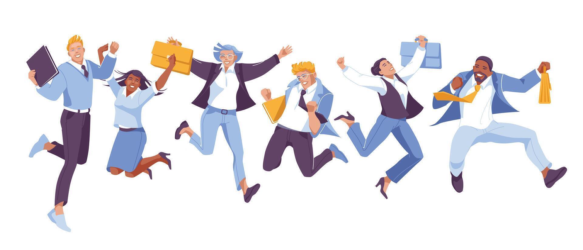 variety of business people jumping together. Teamwork and winning challenges. Isolated on white background. Vector flat illustration
