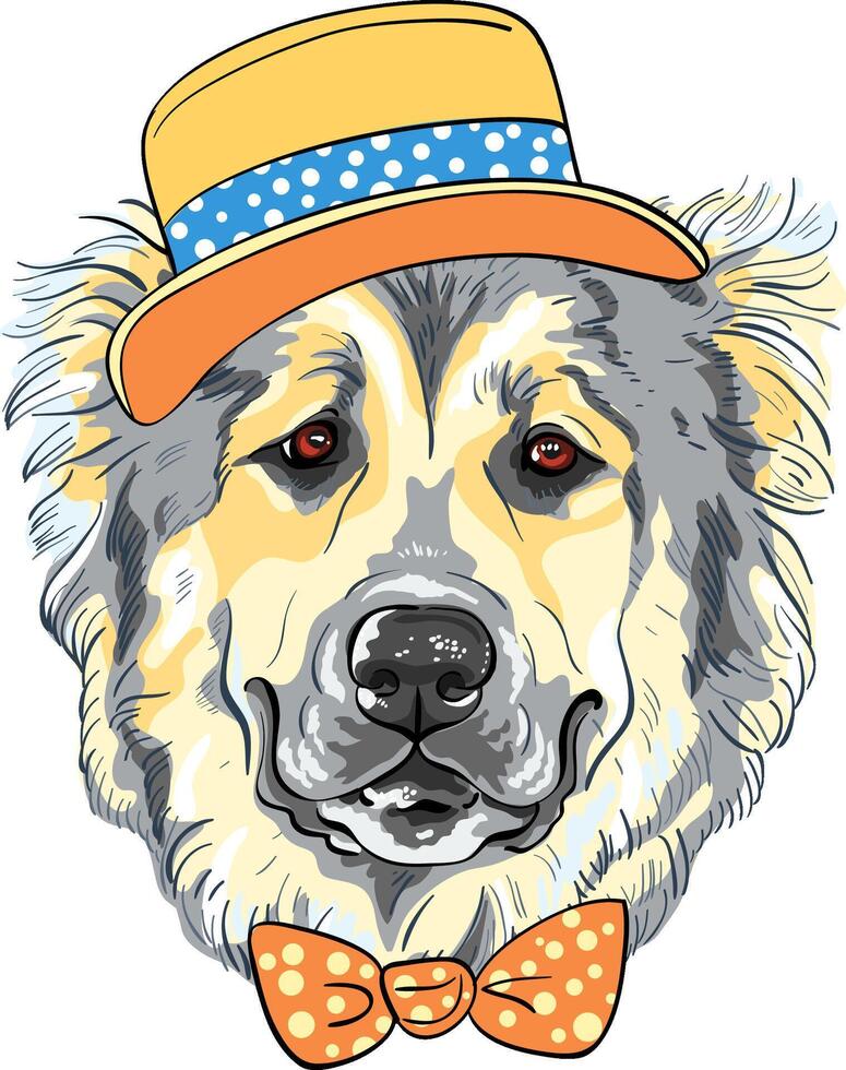 vector dog Caucasian Shepherd Dog breed in hat and bow tie