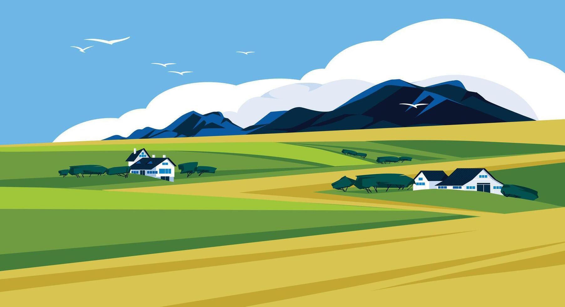 Estates in the green valley. Rye fields. Mountains on the horizon. Rural idyll. Concept of agriculture and environment. Summer or spring landscape. Flat vector. vector