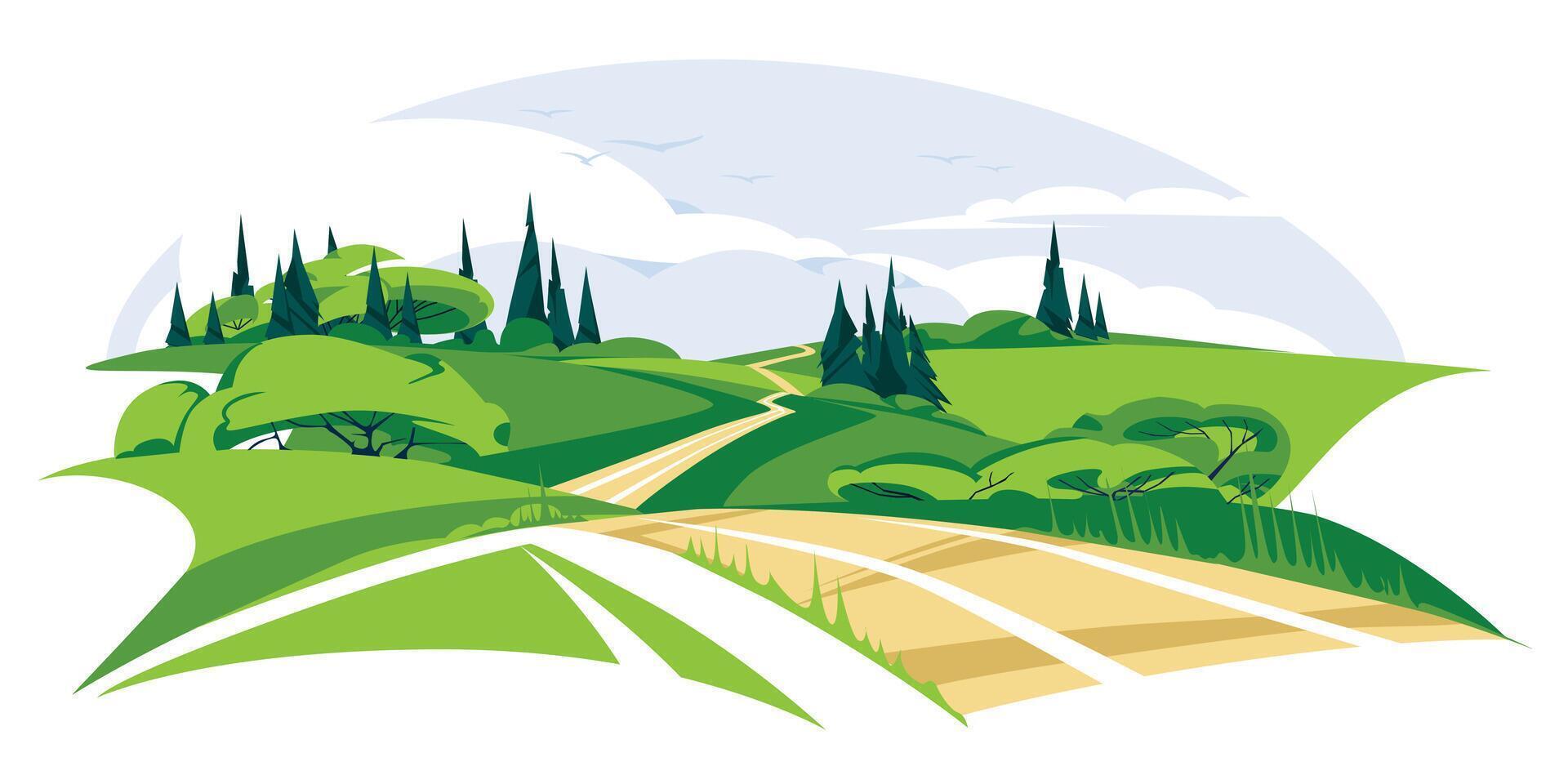 A path in the middle of a green field. Nature environment recreation and travel concept. Blue sky horizon. Spring and summer adventures. Vector flat illustration