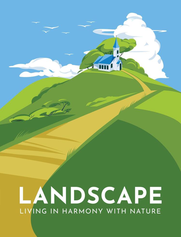 Traditional Catholic or Protestant church on green hills. The way to a high level. Religion concept. Spring or summer rural landscape. Vector flat illustration