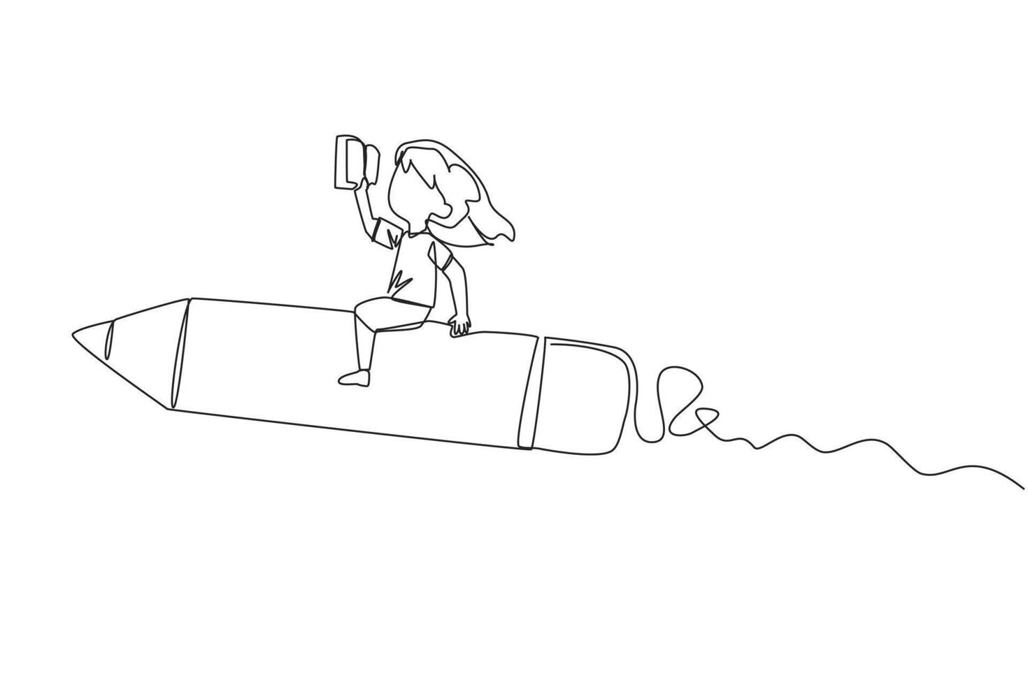Continuous one line drawing a girl rides on a pencil-shaped rocket. Reading a book at a height. Read books anywhere. Good habits. Book festival concept. Single line draw design vector illustration