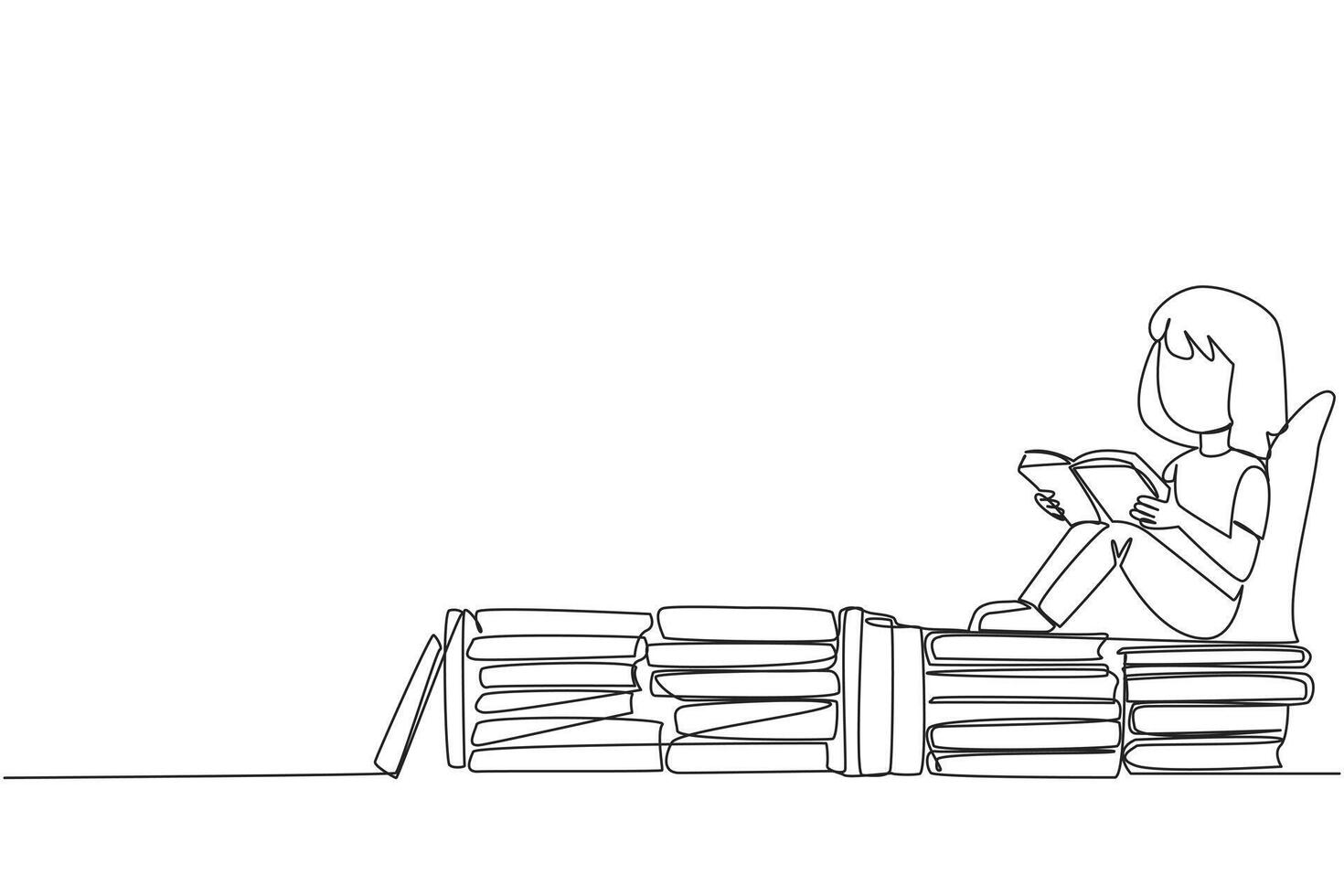 Continuous one line drawing girl sitting relaxed reading a book on pile of books. Relax while reading fiction books. Enjoy the storyline. Book festival concept. Single line design vector illustration