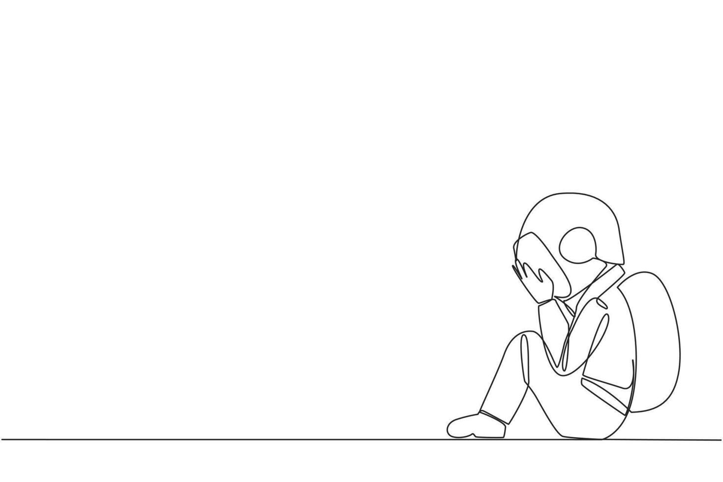 Single continuous line drawing young astronaut sitting while covering face. An unhappy astronaut bemoans the fate of business. Failure to develop business unit. One line design vector illustration