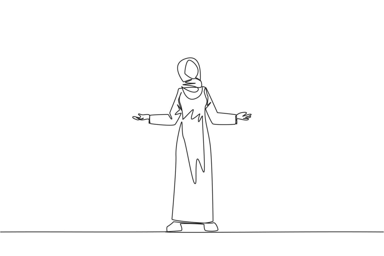 Continuous one line drawing Arab businesswoman standing straight with open arms. Lonely and sadness businesswoman lamenting undeveloped business. Unhappy manager. Single line draw vector illustration