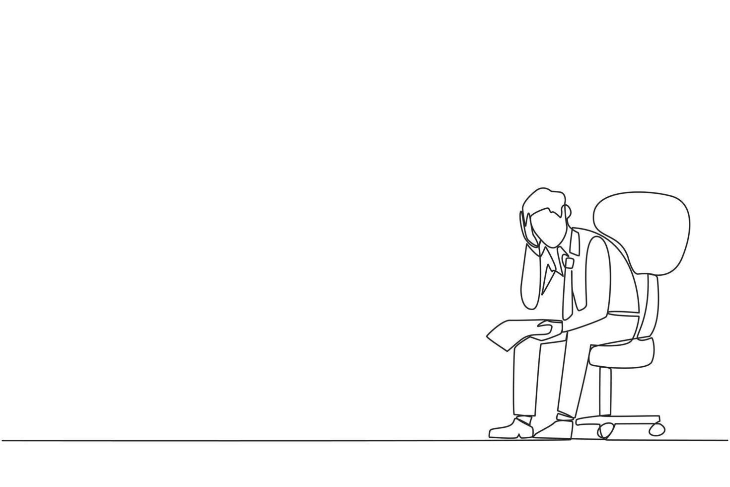 Single one line drawing sad businessman sat limply in a chair. Pensively holding a piece of bill paper. The large of receivables, business will collapse. Continuous line design graphic illustration vector