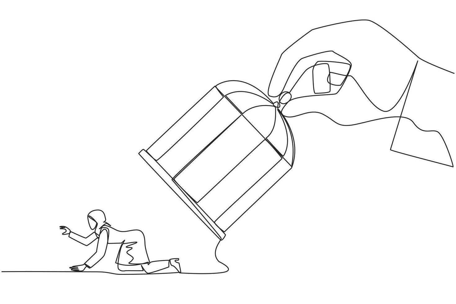 Single one line drawing big hand holds the cage want to catch crawl Arab businesswoman. Losing streak. Lost on all fronts. Helpless businesswoman. Bankrupt. Continuous line design graphic illustration vector