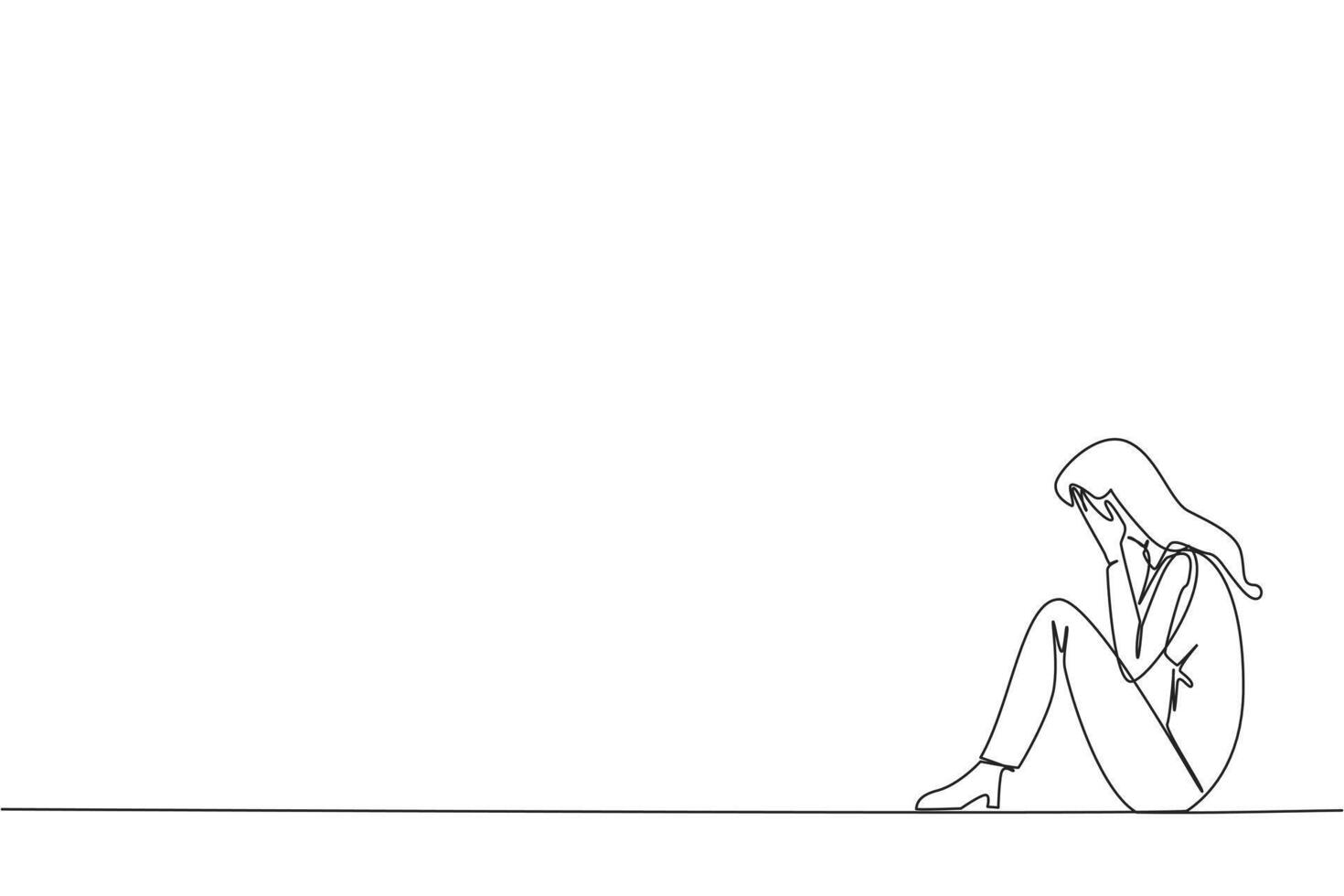 Single one line drawing businesswoman sitting while covering face. A sad businesswoman bemoans the fate of business. Failure to develop business unit. Continuous line design graphic illustration vector