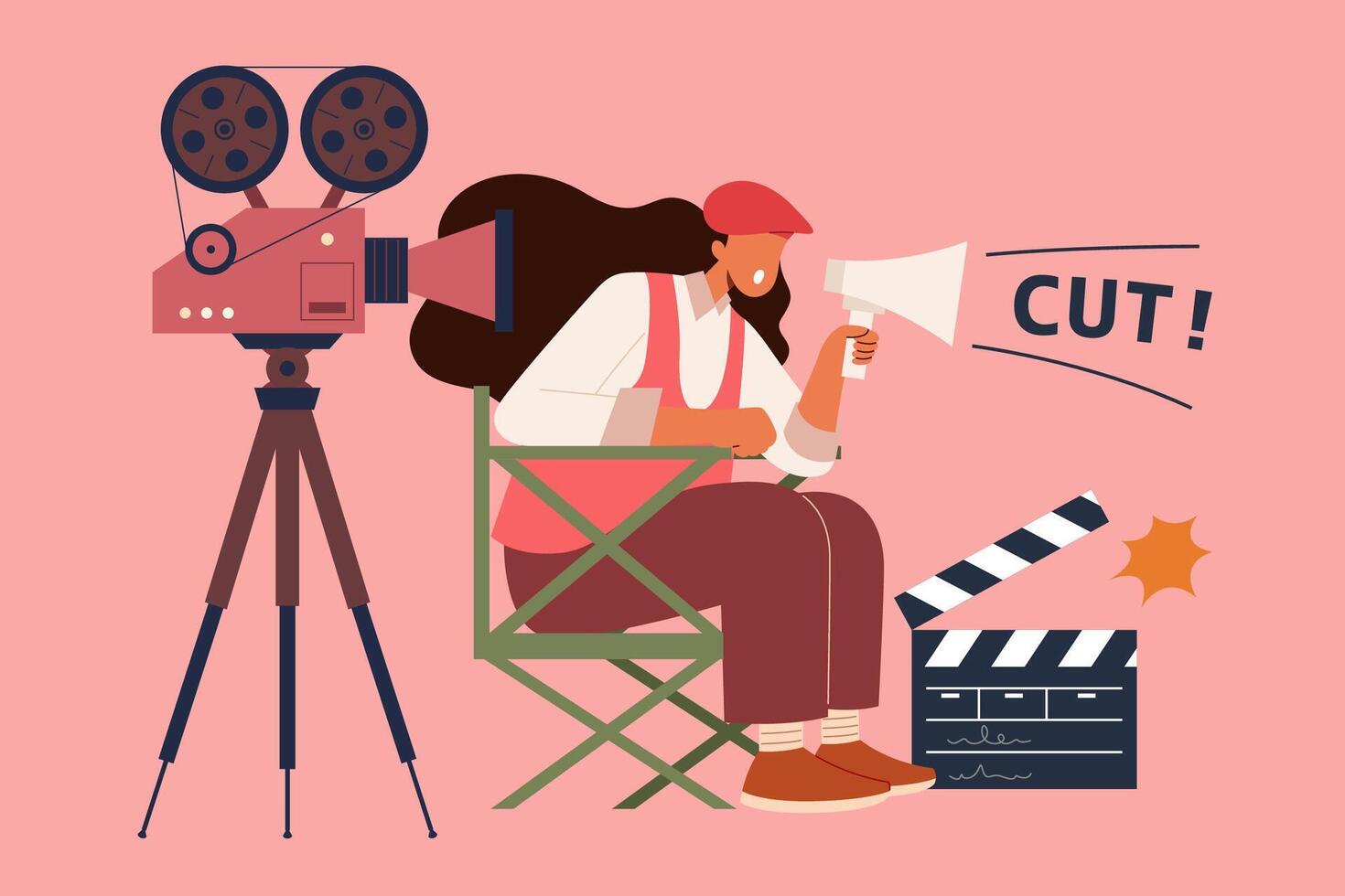Female film director at work. Flat style illustration of a woman director using megaphone and shouting cut while recording filmin the movie making process vector